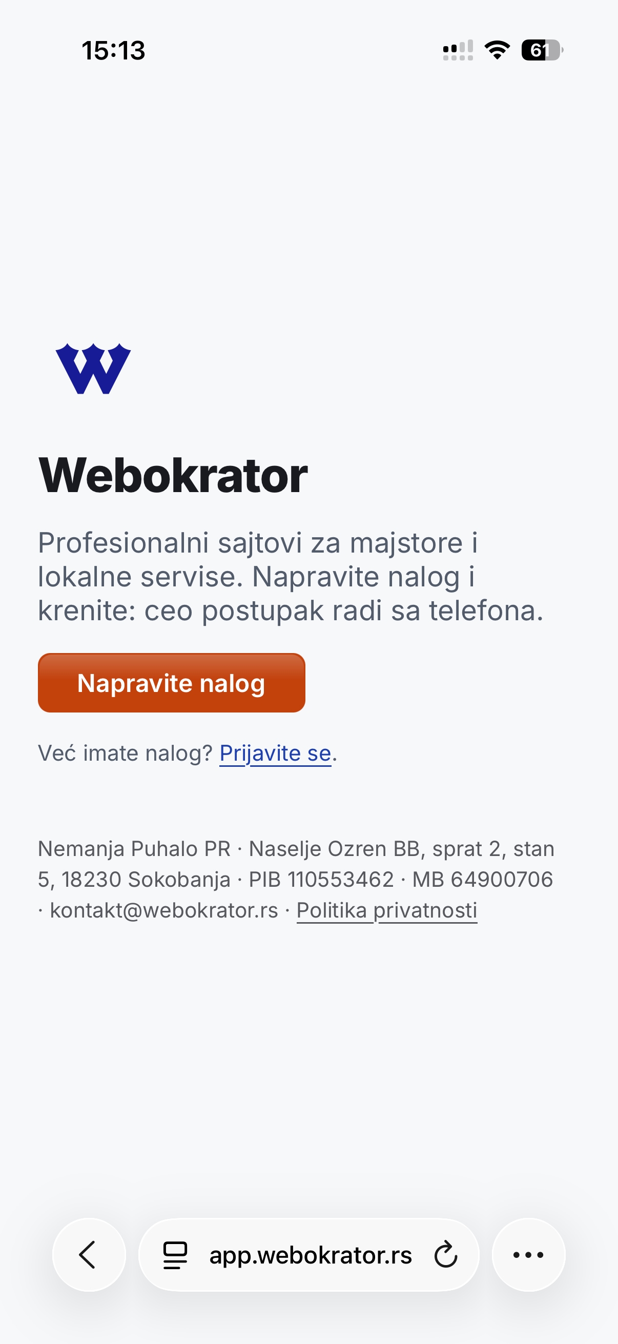 Početna strana platforme sa dugmetom „Napravite nalog"