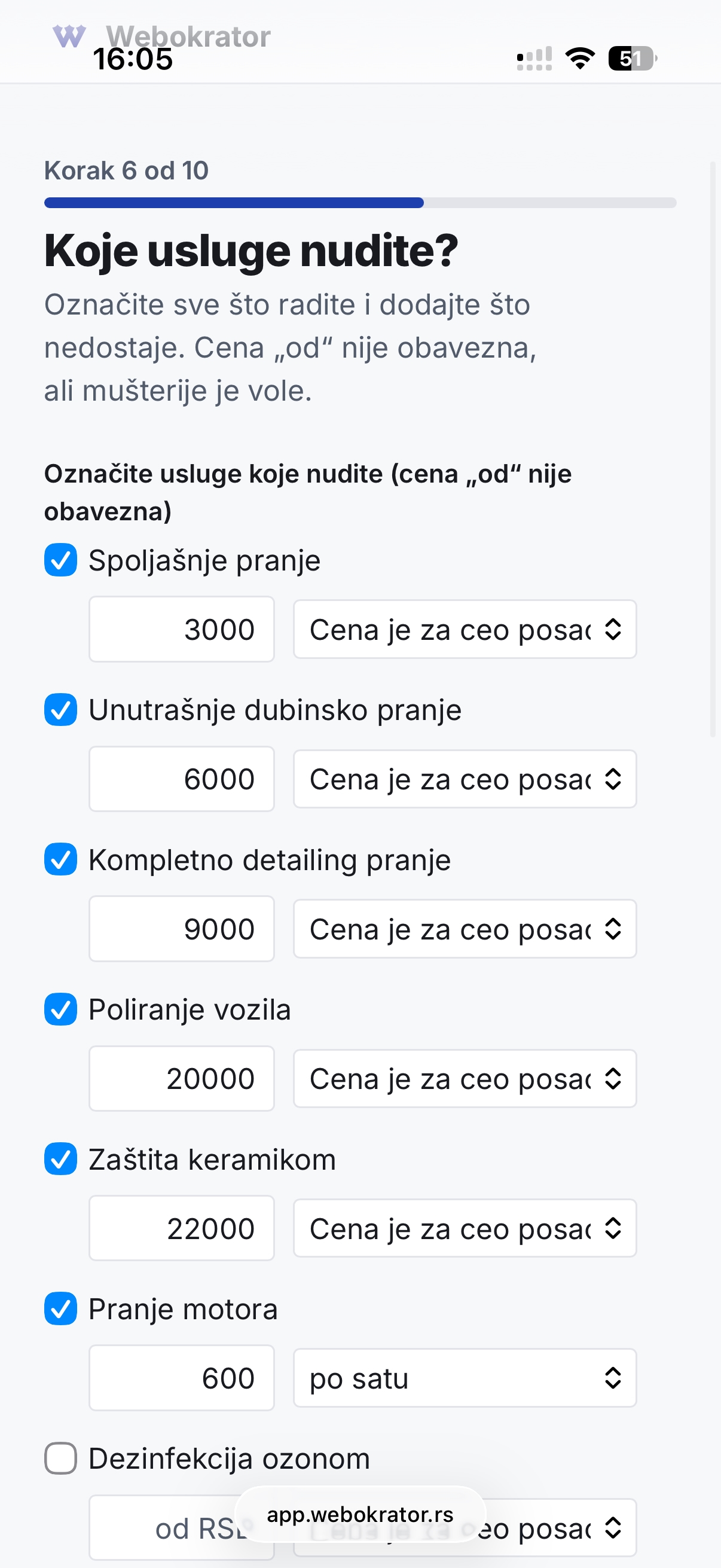 Wizard korak 6: spisak usluga sa cenama „od"