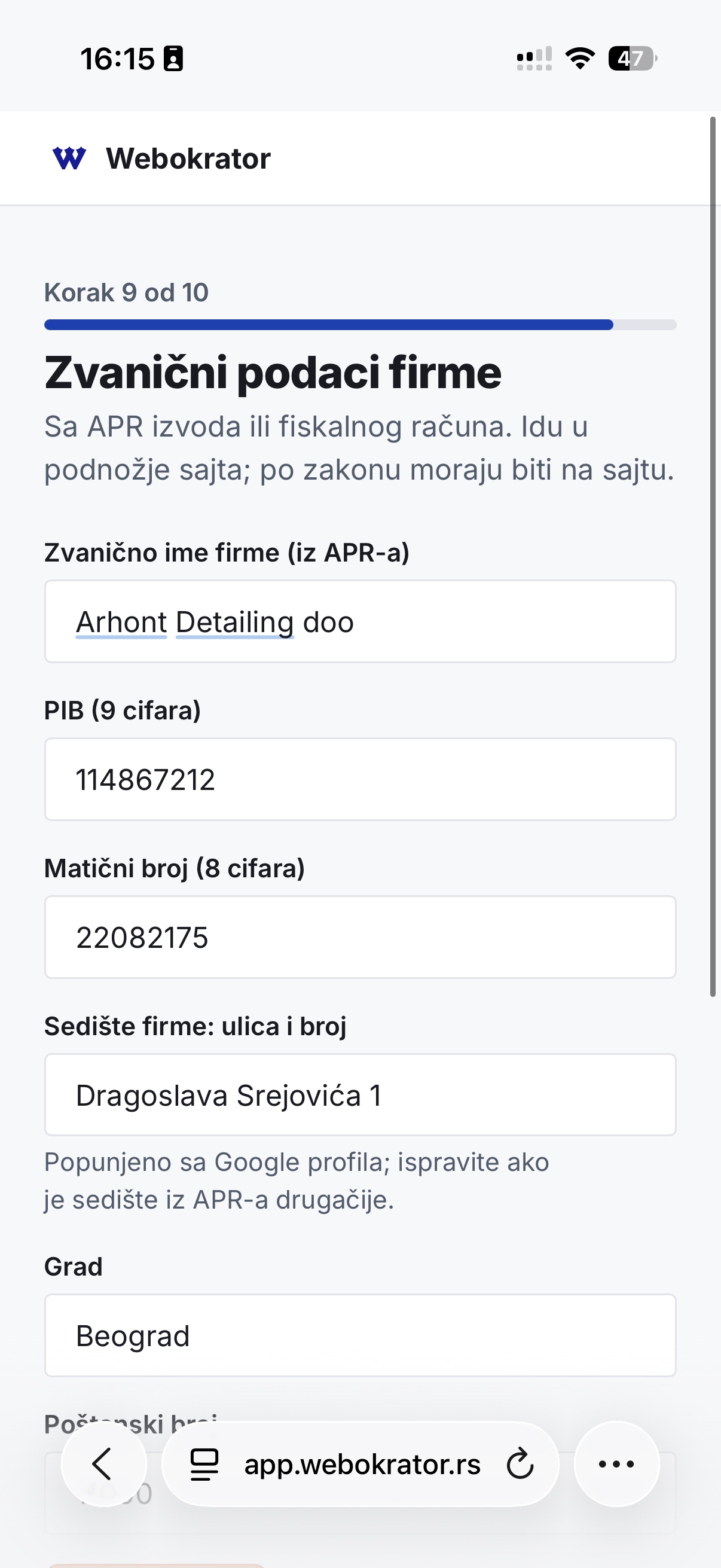 Wizard korak 9: PIB, matični broj i sedište firme