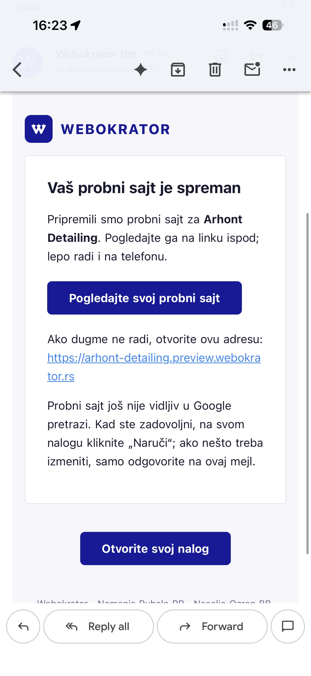 Mejl „Vaš probni sajt je spreman" sa dugmetom za pregled