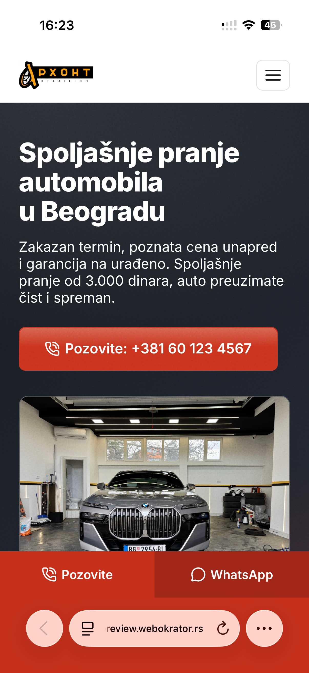 Gotov probni sajt: naslov, cena i veliko dugme za poziv na telefonu