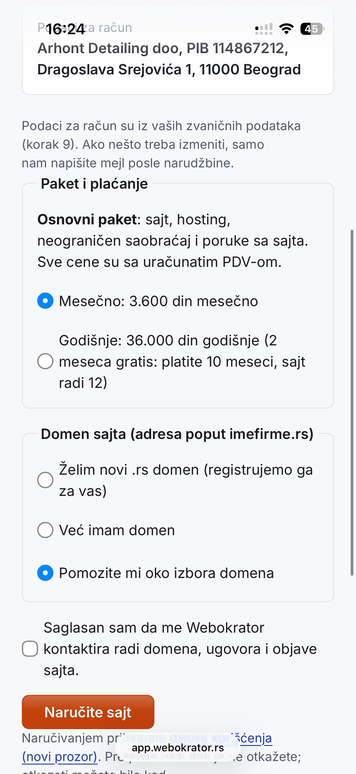 Strana za poručivanje: paket i plaćanje, izbor domena i dugme „Naručite sajt"