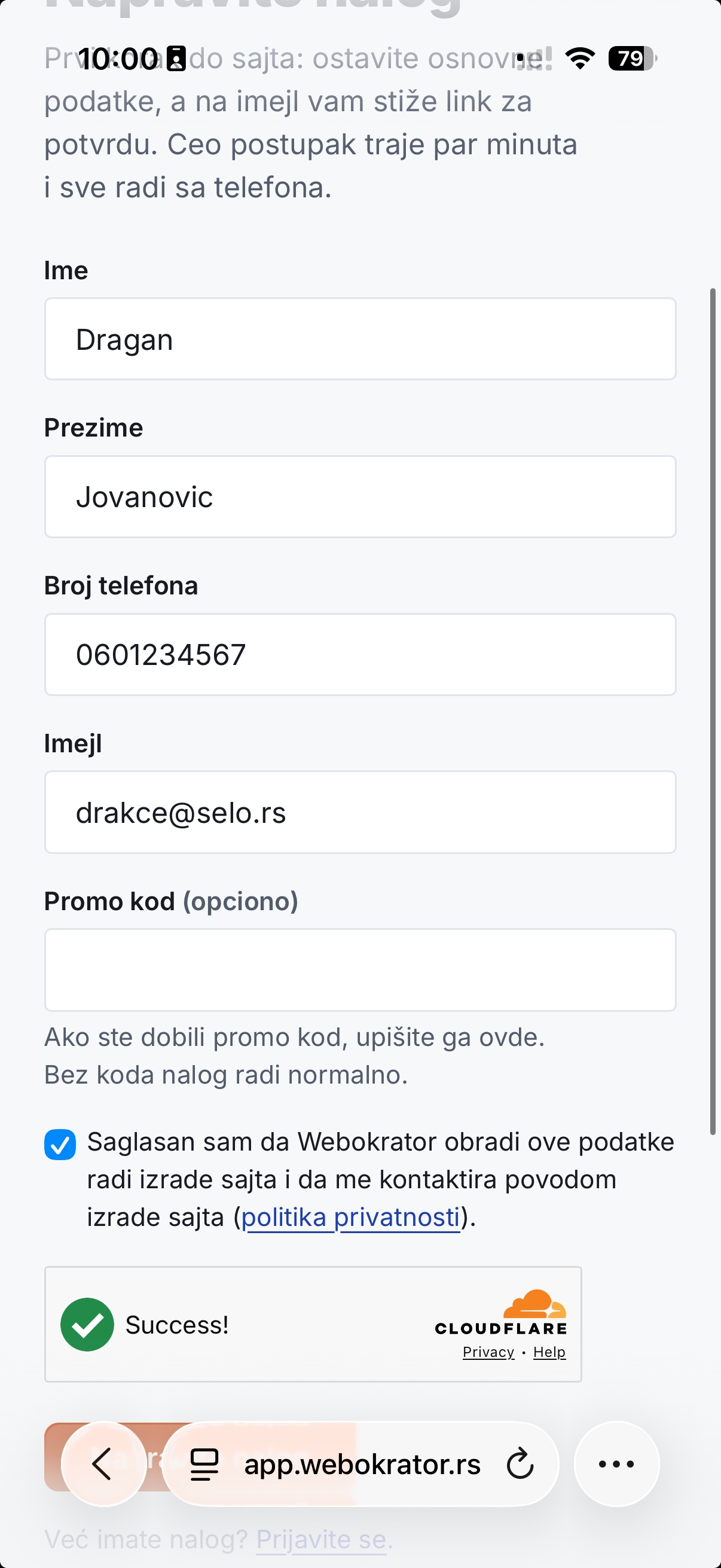 Popunjena forma za registraciju: ime, prezime, telefon, imejl, promo kod i saglasnost