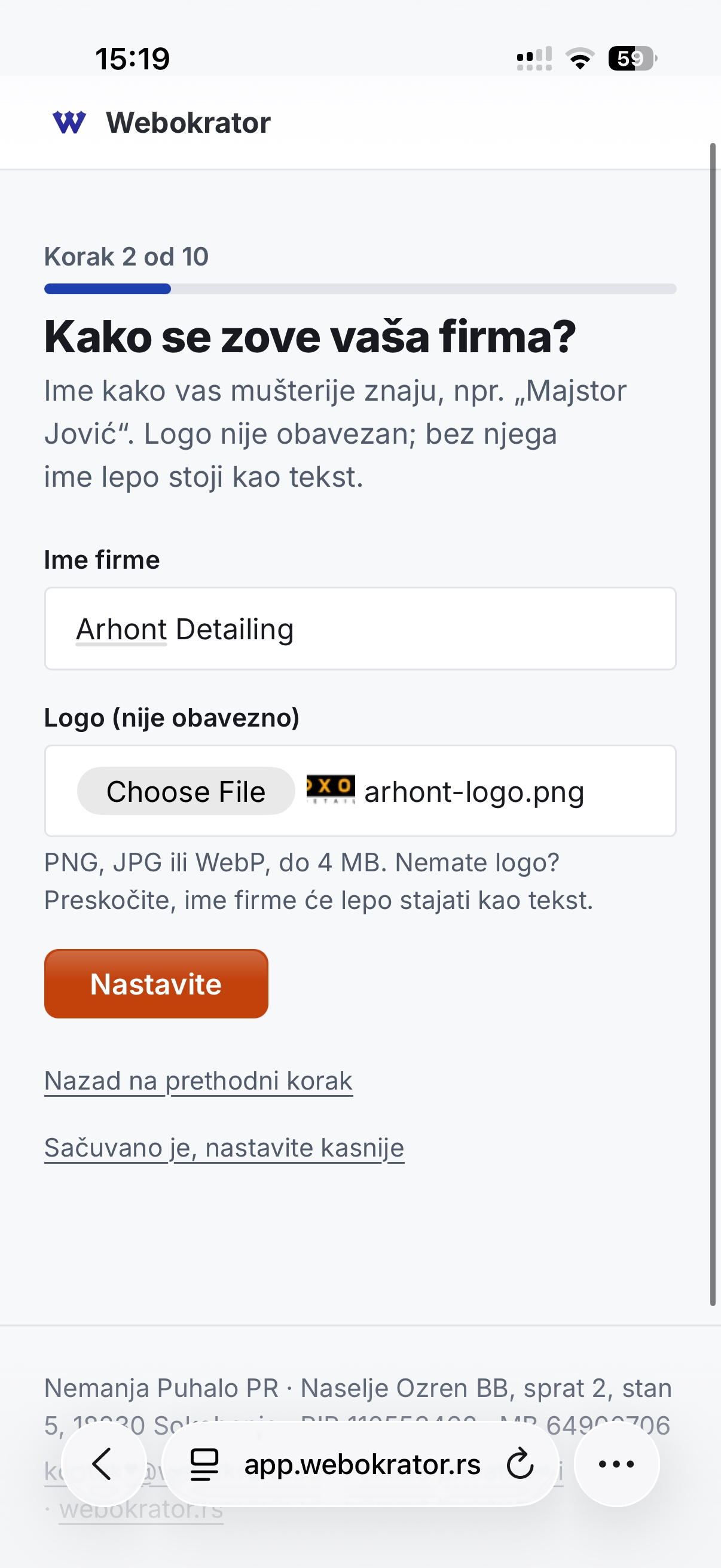 Wizard korak 2: ime firme i logo