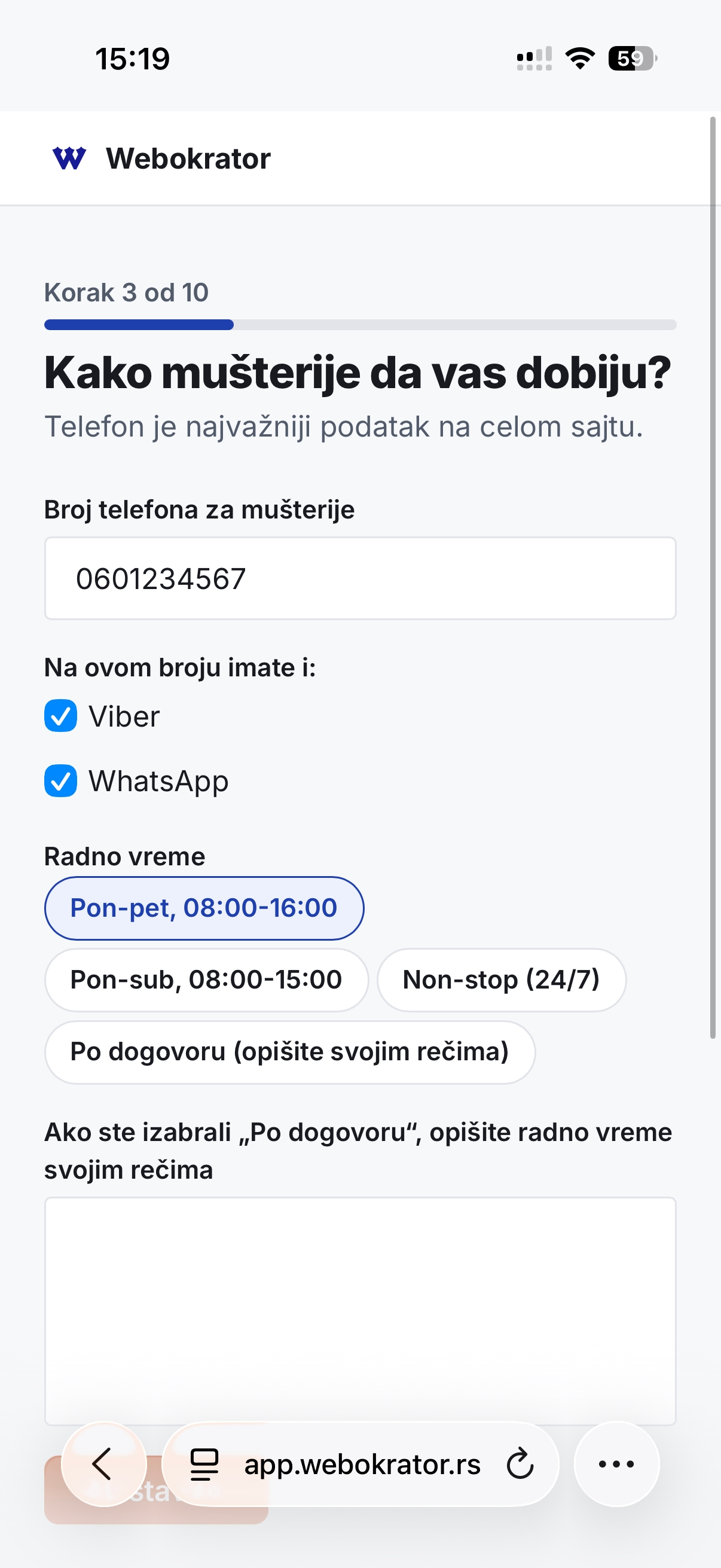 Wizard korak 3: telefon, Viber/WhatsApp i radno vreme