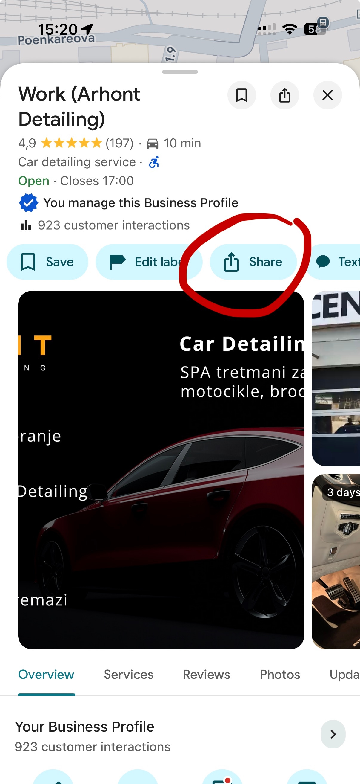 Google Maps profil firme sa zaokruženim dugmetom Share za kopiranje linka