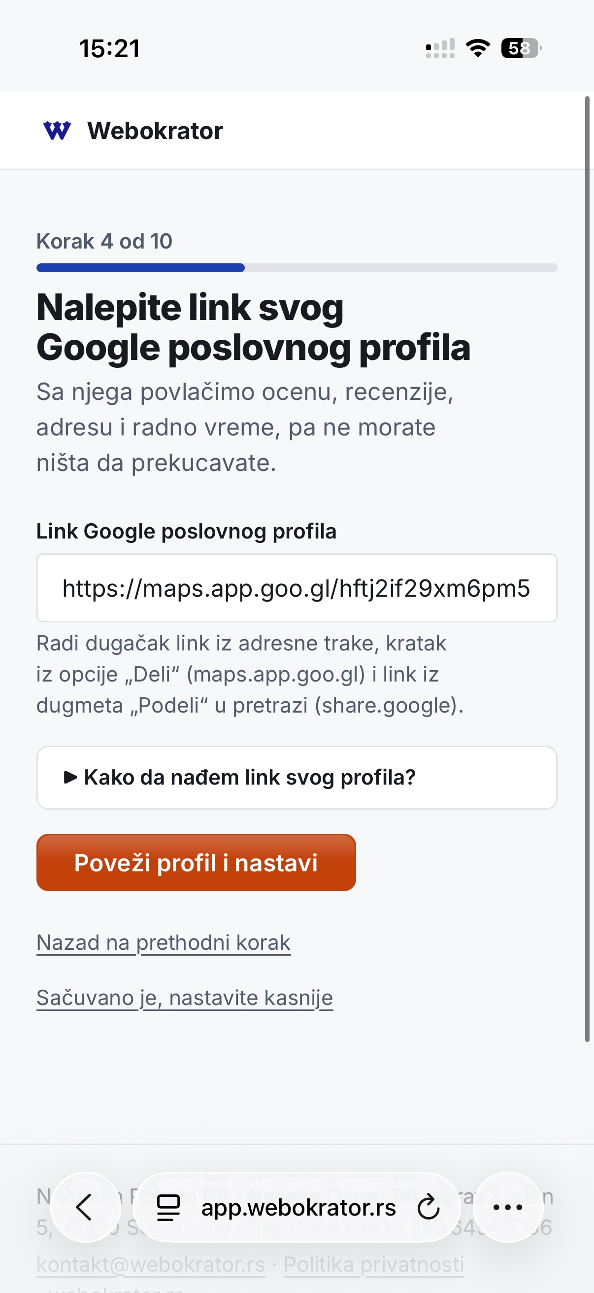Wizard korak 4: unos linka Google poslovnog profila