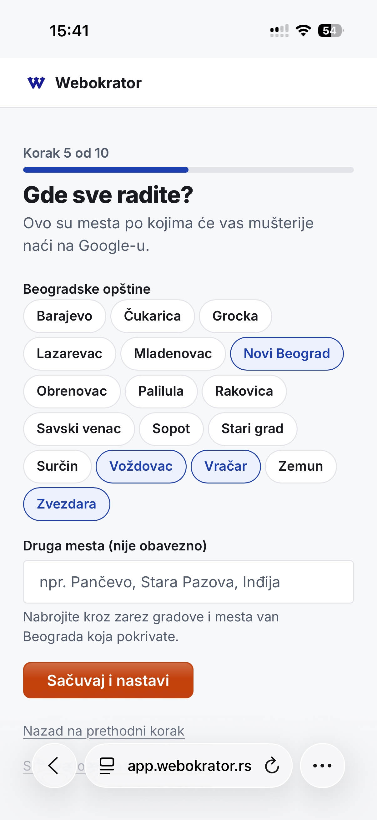 Wizard korak 5: izbor opština i drugih mesta